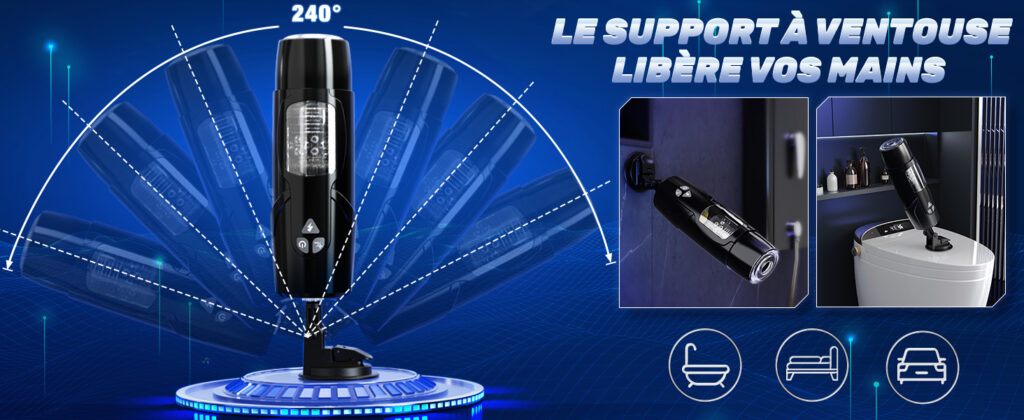 Le masturbateur dark knight est équipé d'un bras avec une ventouse permettant d'être fixer sur tout type de surface lisse offrant des mouvement infini et surtout un plaisir main libre