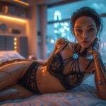 Androïde femme réaliste en lingerie sur un lit dans un décor futuriste, symbolisant l’évolution du sexe virtuel pour les hommes.