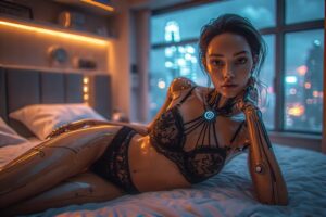 Androïde femme réaliste en lingerie sur un lit dans un décor futuriste, symbolisant l’évolution du sexe virtuel pour les hommes.